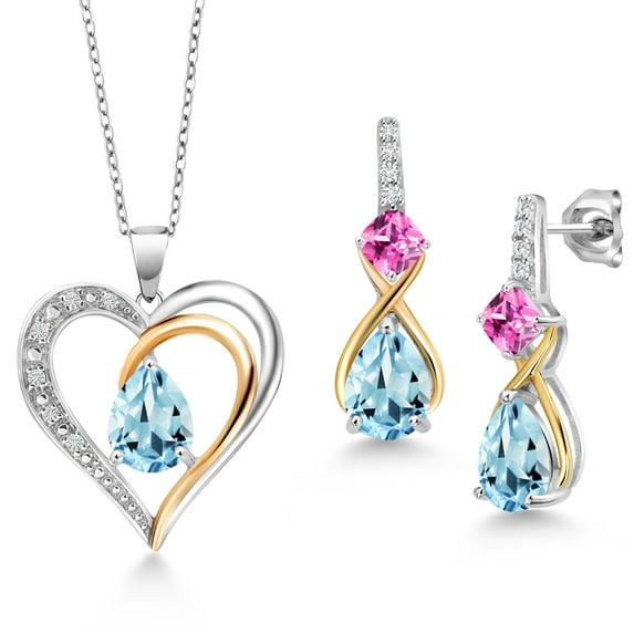 Gem Stone King 925 Sterling Silver and 10K Yellow Gold Sky Blue Topaz Pink Created Sapphire and White Lab Grown Diamond Pendant Necklace Earrings Set for Women (4.72 Cttw, with 18 inch Chain)
