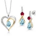 thumbnail image 1 of Gem Stone King 925 Sterling Silver and 10K Yellow Gold Sky Blue Topaz Red Created Ruby and White Lab Grown Diamond Pendant Necklace Earrings Set for Women (4.03 Cttw, with 18 inch Chain), 1 of 3