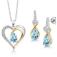 thumbnail image 1 of Gem Stone King 925 Sterling Silver and 10K Yellow Gold Sky Blue Topaz White Moissanite and White Lab Grown Diamond Pendant Necklace Earrings Set for Women (4.67 Cttw, with 18 inch Chain), 1 of 4