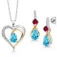 thumbnail image 1 of Gem Stone King 925 Sterling Silver and 10K Yellow Gold Swiss Blue Topaz Red Created Ruby and White Lab Grown Diamond Pendant Necklace Earrings Set for Women (4.03 Cttw, with 18 inch Chain), 1 of 3