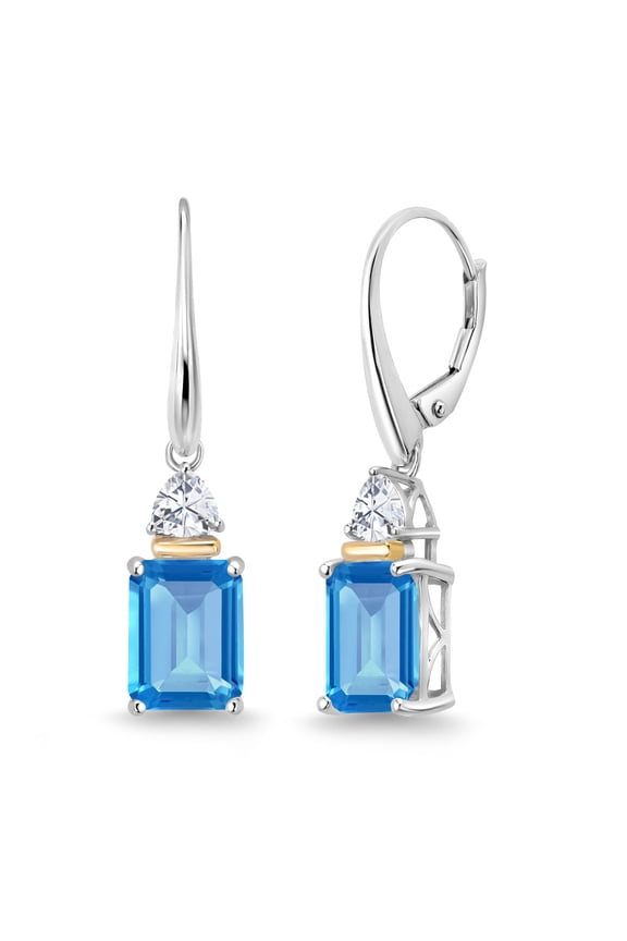 925 Sterling Silver and 10K Yellow Gold Swiss Blue Topaz and White Moissanite Dangle Earrings for Women (5.46 Cttw, Emerald Cut Cut 9X7MM, Trillion 4MM)