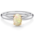 thumbnail image 1 of Gem Stone King 925 Sterling Silver and 10K Yellow Gold White Ethiopian Opal Solitaire Engagement Ring for Women (0.51 Cttw, Oval Cabochon 7X5MM, Gemstone Birthstone, Available in Size 5, 6, 7, 8, 9), 1 of 4