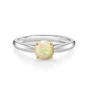Gem Stone King 925 Sterling Silver with 10K Yellow Gold White Ethiopian Opal Solitaire Engagement Ring for Women (0.56 Cttw, Gemstone Birthstone, Round Cabochon 6MM, Available in Size 5, 6, 7, 8, 9)