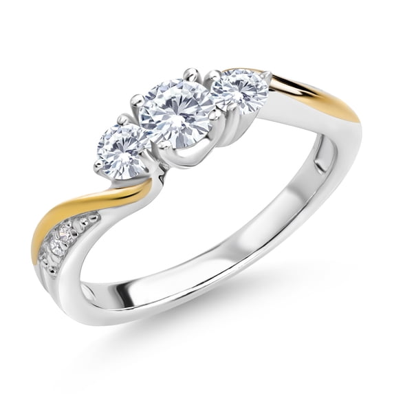 Gem Stone King 1/2 Cttw White Lab Grown Diamond 3-Stone Engagement Ring for Women | 925 Sterling Silver and 10K Yellow Gold | Three Stone Wedding Anniversary Promise Ring for Women | Size 5-9