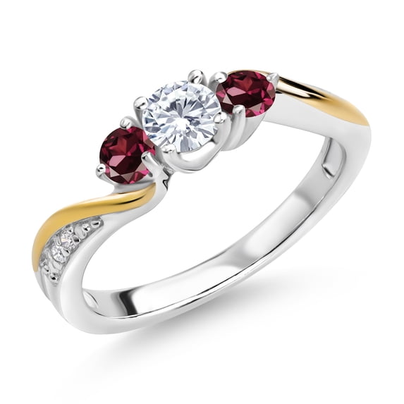 Gem Stone King 925 Sterling Silver and 10K Yellow Gold White Lab Grown Diamond 3 Stone Engagement Ring for Women (0.54 Cttw, Gemstone April Birthstone, Size 7)