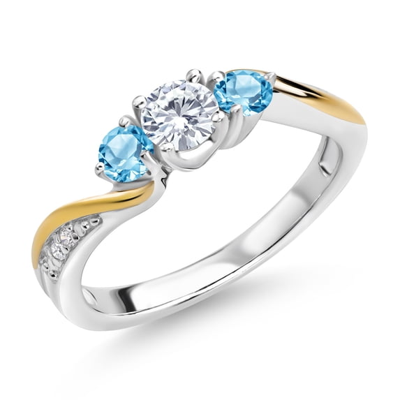 Gem Stone King 925 Sterling Silver and 10K Yellow Gold White Lab Grown Diamond 3 Stone Engagement Ring for Women (0.60 Cttw, Gemstone April Birthstone, Size 5)
