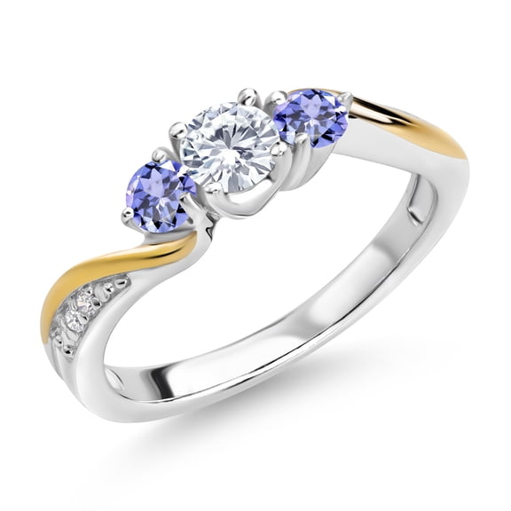 Gem Stone King 925 Sterling Silver and 10K Yellow Gold White Lab Grown Diamond 3 Stone Engagement Ring for Women (0.60 Cttw, Gemstone April Birthstone, Size 5)