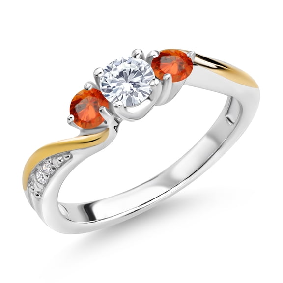 Gem Stone King 925 Sterling Silver and 10K Yellow Gold White Lab Grown Diamond 3 Stone Engagement Ring for Women (0.62 Cttw, Gemstone April Birthstone, Size 8)