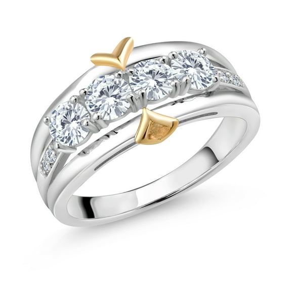 Gem Stone King 925 Sterling Silver and 10K Yellow Gold White Lab Grown Diamond 4-Stone Wedding Band Ring for Women (1.13 Cttw, Gemstone April Birthstone, Available in Size 5, 6, 7, 8, 9)