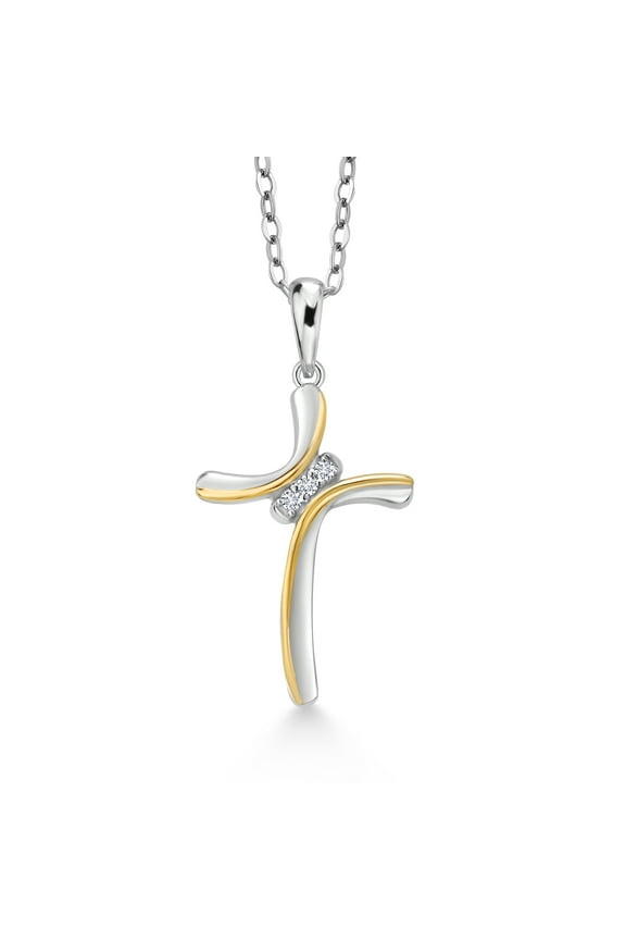 925 Sterling Silver and 10K Yellow Gold White Lab Grown Diamond Cross Pendant Necklace for Women (E-F Color, 3/4 inch, with 18 inch Chain)