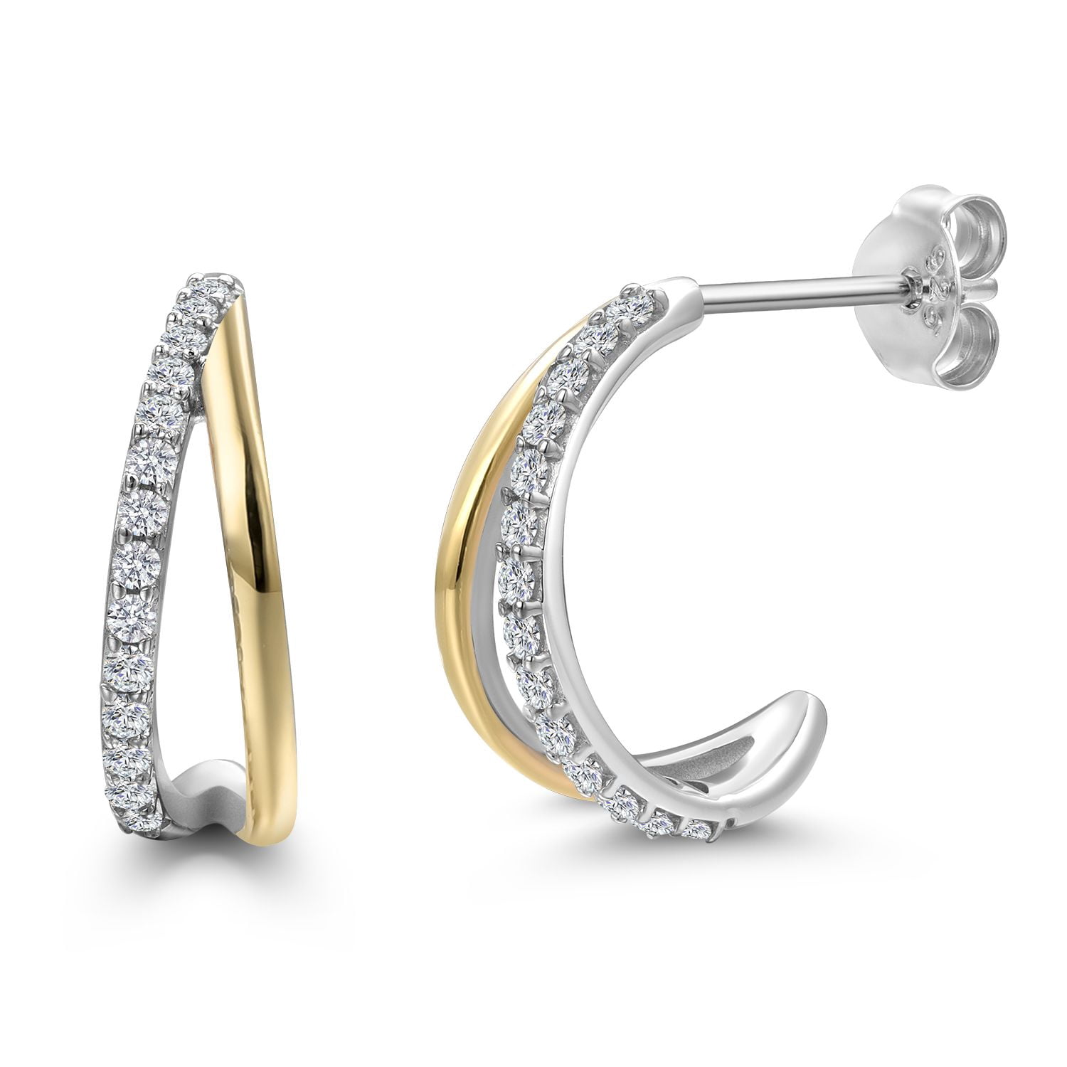 Gem Stone King 925 Sterling Silver and 10K Yellow Gold White Lab Grown Diamond Split Hoop Huggie Earrings for Women | Gemstone April Birthstone | 16MM = 5/8 inch | 0.28 Cttw