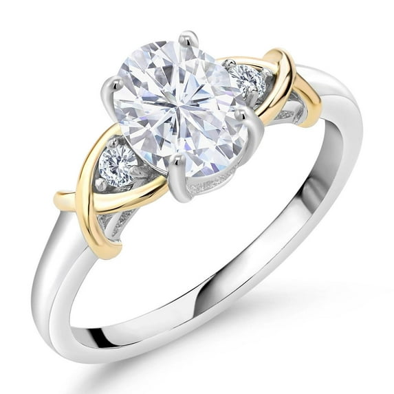 Gem Stone King 1.58 Cttw White Moissanite 3-Stone Engagement Ring for Women | 925 Sterling Silver and 10K Yellow Gold | Oval 8X6MM | Three Stone Wedding Anniversary Promise Ring (Size 5)