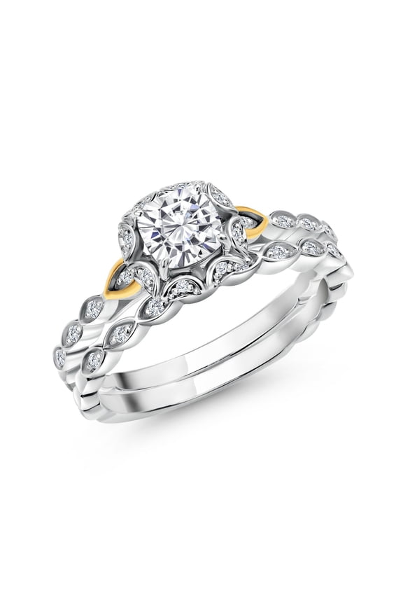 925 Sterling Silver and 10K Yellow Gold White Moissanite and Lab Grown Diamond Bridal Ring Set for Women (0.76 Cttw, 5MM Cushion Cut, Available in Size 5,6,7,8,9)