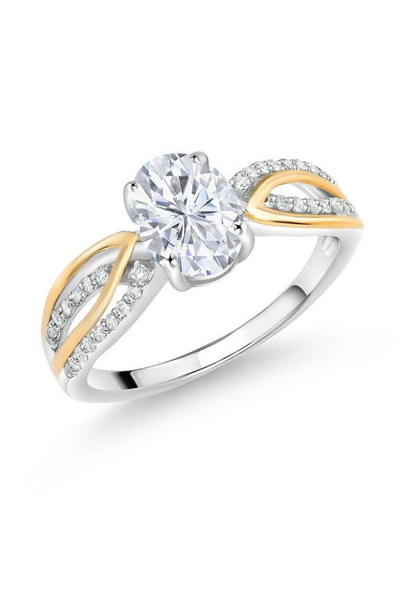 925 Sterling Silver and 10K Yellow Gold White Moissanite and Lab Grown Diamond Engagement Ring for Women | 1.64 Cttw | Oval 8X6MM | Available in Size 5, 6, 7, 8, 9