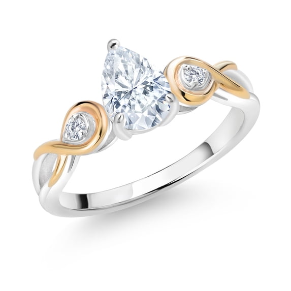 Gem Stone King 925 Sterling Silver and 10K Yellow Gold White Moissanite and Lab Grown Diamond Ring for Women By Keren Hanan (1.20 Cttw, Pear Shape 8X6MM, Available in Size 5, 6, 7, 8, 9)