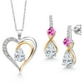 thumbnail image 1 of Gem Stone King 925 Sterling Silver and 10K Yellow Gold White Moissanite Pink Created Sapphire and White Lab Grown Diamond Pendant Necklace Earrings Set for Women (4.21 Cttw, with 18 inch Chain), 1 of 3