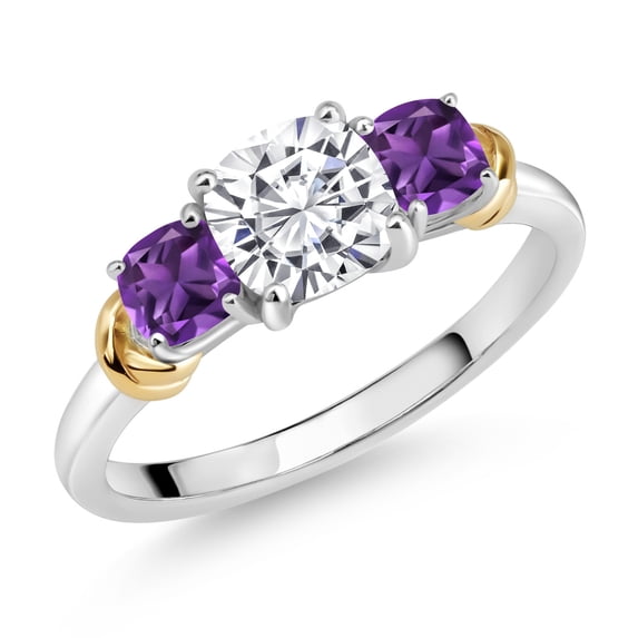 Gem Stone King 925 Sterling Silver and 10K Yellow Gold White Moissanite and Purple Amethyst 3 Stone Engagement Ring for Women (1.68 Cttw, Cushion Cut 6MM and 4MM, Available in Size 5, 6, 7, 8, 9)