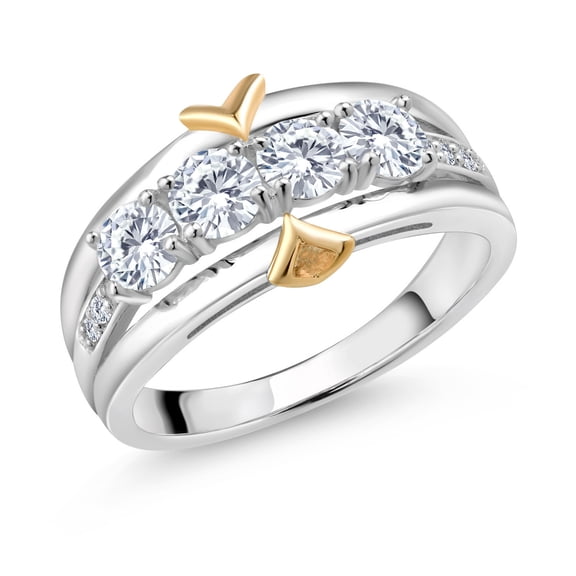 Gem Stone King White Moissanite and White Lab Grown Diamond Band Ring for Women | 925 Sterling Silver and 10K Yellow Gold | 0.97 Cttw | Wedding Engagement Anniversary Promise Ring for Women | Size 8