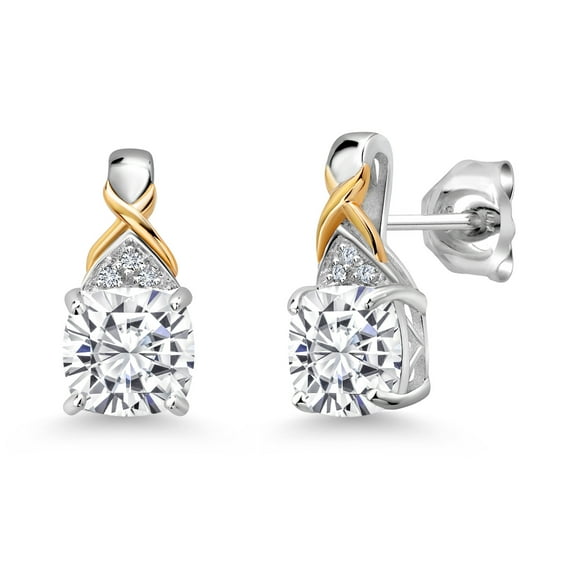 Gem Stone King 925 Sterling Silver and 10K Yellow Gold White Moissanite and White Lab Grown Diamond Earrings for Women (2.21 Cttw, Gemstone, Cushion 6MM)