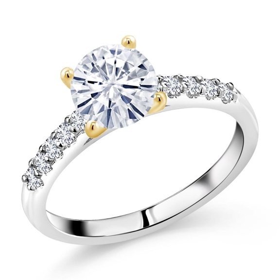Gem Stone King 925 Sterling Silver and 10K Yellow Gold White Moissanite and White Lab Grown Diamond Engagement Ring for Women (1.40 Cttw, Round 7MM, Size 9)