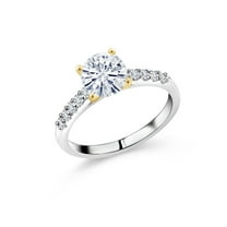 Gem Stone King 925 Sterling Silver and 10K Yellow Gold White Moissanite and White Lab Grown Diamond Engagement Ring for Women (1.40 Cttw, Round 7MM, Size 9)