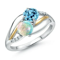 925 Sterling Silver and 10K Yellow Gold White Simulated Opal Swiss Blue Topaz and Lab Grown Diamond 2 Stone Engagement Ring for Women (1.19 Cttw, Round Cabochon 5MM, October Birthstone, Size 5)