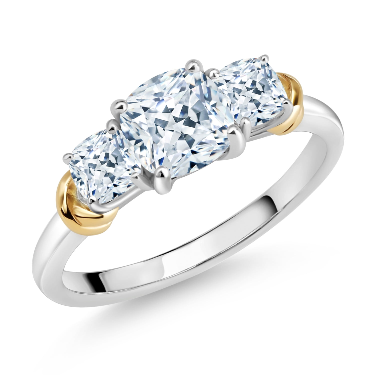 Gem Stone King 925 Sterling Silver and 10K Yellow Gold White Zirconia 3 Stone Engagement Ring for Women (2.02 Cttw, Cushion Cut 6MM and 4MM, Available in Size 5, 6, 7, 8, 9)