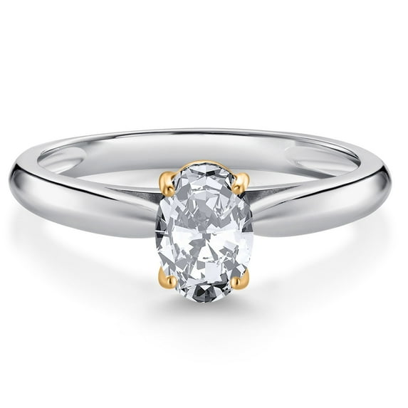 Gem Stone King 925 Sterling Silver and 10K Yellow Gold White Zirconia Solitaire Engagement Ring for Women (1.50 Cttw, Oval 7X5MM, Gemstone Birthstone, Available in Size 5, 6, 7, 8, 9)