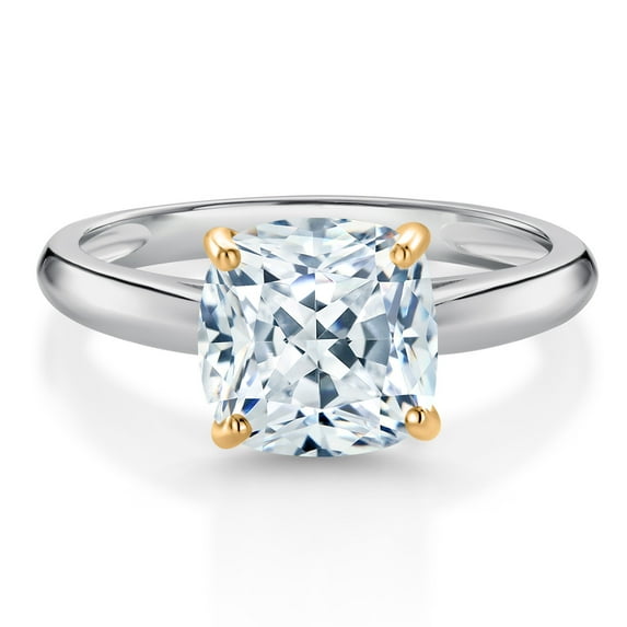 Gem Stone King 925 Sterling Silver and 10K Yellow Gold White Zirconia Solitaire Engagement Ring for Women (3.01 Cttw, Cushion 8MM, Gemstone Birthstone, Size 9)