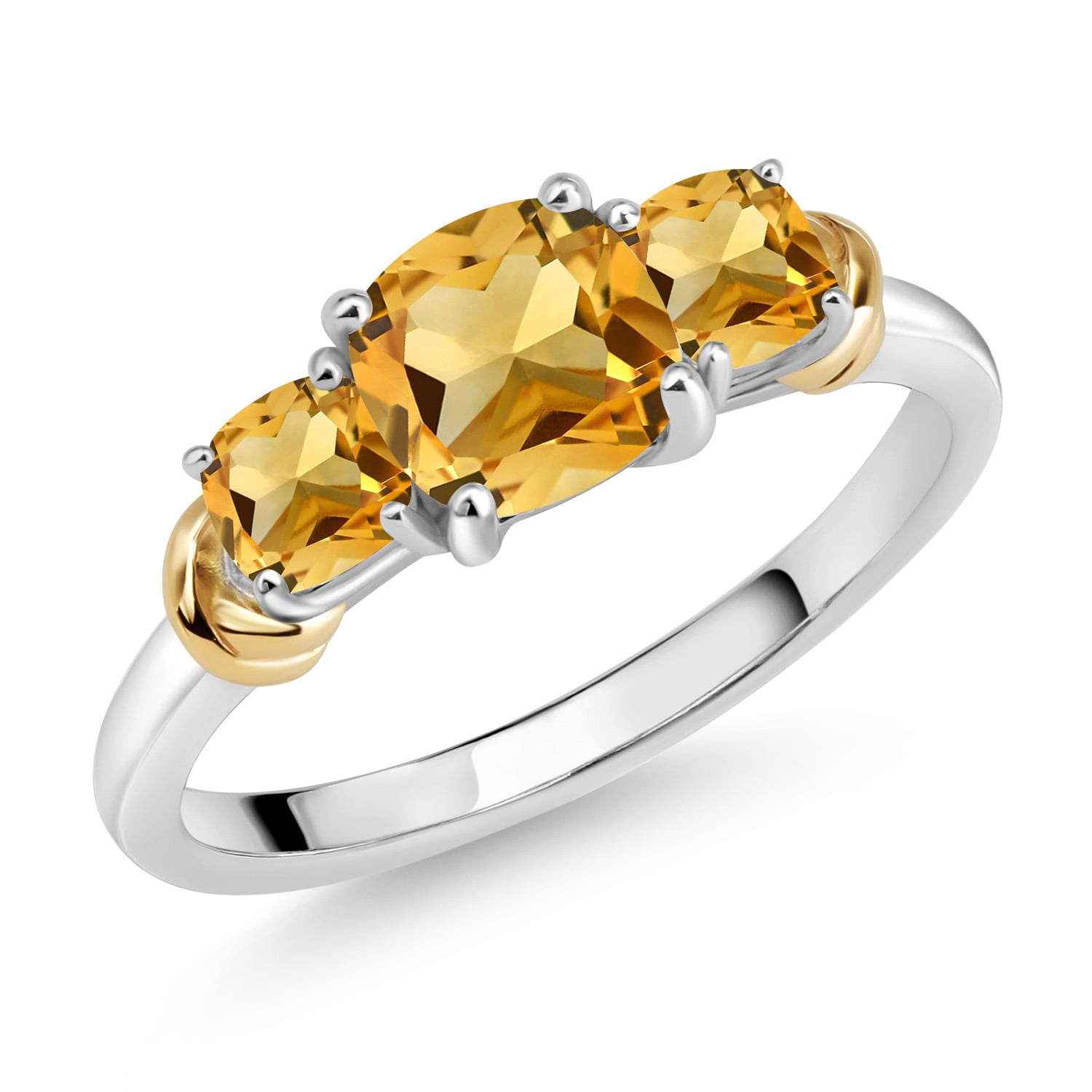Gem Stone King 925 Sterling Silver and 10K Yellow Gold Yellow Citrine 3 Stone Engagement Ring for Women (1.53 Cttw, Cushion Cut 6MM and 4MM, Available in Size 5, 6, 7, 8, 9)