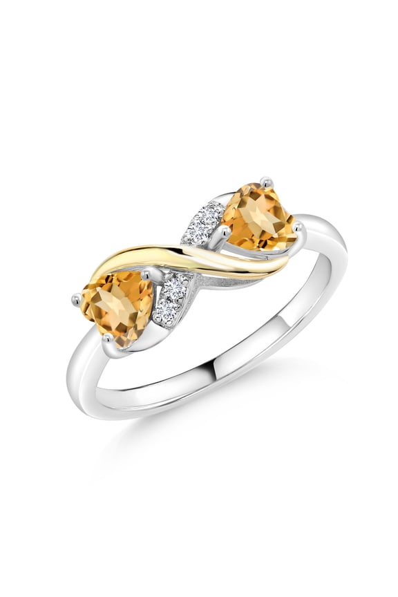 925 Sterling Silver and 10K Yellow Gold Yellow Citrine and White Lab Grown Diamond Ring for Women (0.96 Cttw, Heart Shape 5MM, Gemstone Birthstone, Available in Size 5, 6, 7, 8, 9)