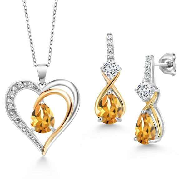 Gem Stone King 925 Sterling Silver and 10K Yellow Gold Yellow Citrine White Moissanite and White Lab Grown Diamond Pendant Necklace Earrings Set for Women (4.05 Cttw, with 18 inch Chain)