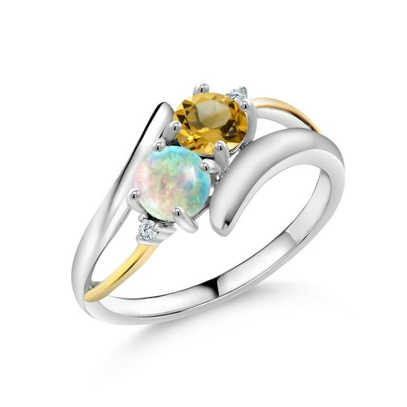 Gem Stone King 925 Sterling Silver and 10K Yellow Gold Yellow Citrine White Simulated Opal and White Lab Grown Diamond Two Stone Crossover Ring (1.25 Cttw, Size 9)