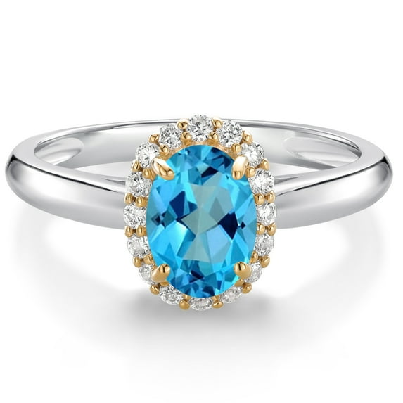 Gem Stone King 925 Sterling Silver and 10k Yellow Gold American Blue Mystic Topaz and White Lab Grown Diamond Halo Engagement Ring for Women (1.13 Cttw, Gemstone, Oval 7X5MM, Size 5)