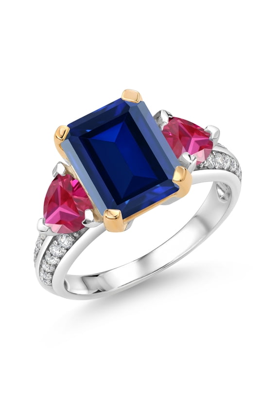 925 Sterling Silver and 10k Yellow Gold Blue Created Sapphire and Red Created Ruby 3 Stone Engagement Ring for Women (5.05 Cttw, Octagon Cut 10X8MM, Size 8)