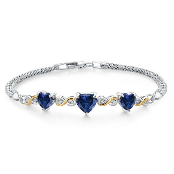 Gem Stone King 925 Sterling Silver and 10k Yellow Gold Blue Created Sapphire and White Lab Grown Diamond Bracelet for Women (2.78 Cttw, Heart 7MM and 6MM, 6.5/7/7.5 inch, Made in Italy)
