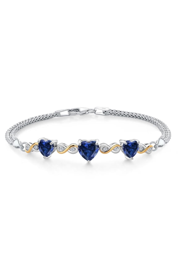 925 Sterling Silver and 10k Yellow Gold Blue Created Sapphire and White Lab Grown Diamond Bracelet for Women (2.78 Cttw, Heart 7MM and 6MM, 6.5/7/7.5 inch, Made in Italy)
