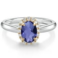 thumbnail image 1 of Gem Stone King 925 Sterling Silver and 10k Yellow Gold Blue Iolite and White Lab Grown Diamond Halo Engagement Ring for Women (0.78 Cttw, Gemstone, Oval Checkerboard 7X5MM, Size 9), 1 of 4