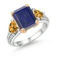thumbnail image 1 of Gem Stone King 925 Sterling Silver and 10k Yellow Gold Blue Lapis and Yellow Citrine 3 Stone Engagement Ring for Women (4.01 Cttw, Emerald Cut Cut 10X8MM, Size 8), 1 of 4