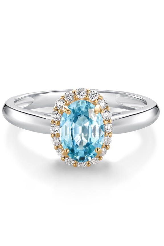 925 Sterling Silver and 10k Yellow Gold Blue Zircon and White Lab Grown Diamond Halo Engagement Ring for Women (1.38 Cttw, Gemstone December Birthstone, Oval 7X5MM, Size 6)
