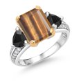 thumbnail image 1 of Gem Stone King 925 Sterling Silver and 10k Yellow Gold Brown Tiger Eye and Black Onyx 3 Stone Engagement Ring for Women (3.91 Cttw, Emerald Cut Cut 10X8MM, Size 7), 1 of 4