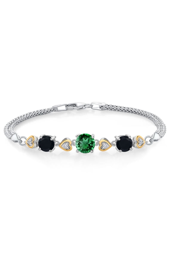 925 Sterling Silver and 10k Yellow Gold Green Nano Emerald Black Onyx and White Lab Grown Diamond Bracelet for Women (2.90 Cttw, Round 7MM and 6MM, 6.5/7/7.5 inch, Made in Italy)