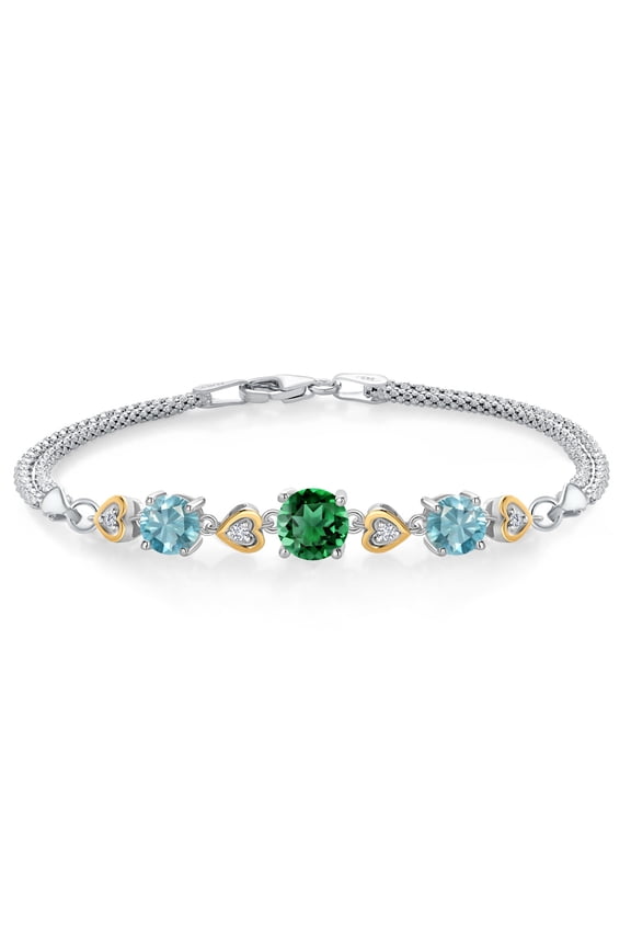 925 Sterling Silver and 10k Yellow Gold Green Nano Emerald Blue Zircon and White Lab Grown Diamond Bracelet for Women (3.70 Cttw, Round 7MM and 6MM, 6.5/7/7.5 inch, Made in Italy)