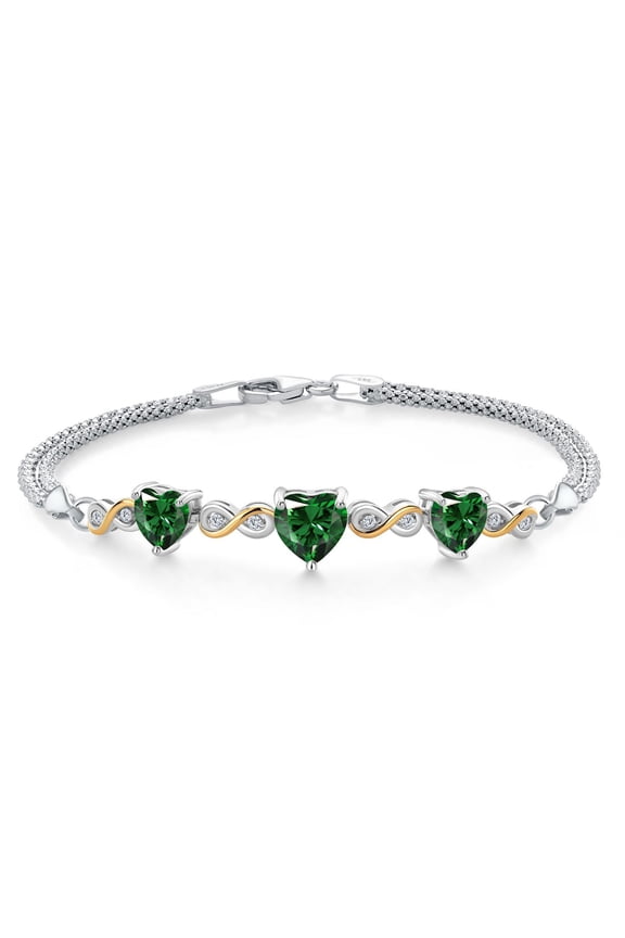 925 Sterling Silver and 10k Yellow Gold Green Nano Emerald and White Lab Grown Diamond Bracelet for Women (2.48 Cttw, Heart 7MM and 6MM, 6.5/7/7.5 inch, Made in Italy)