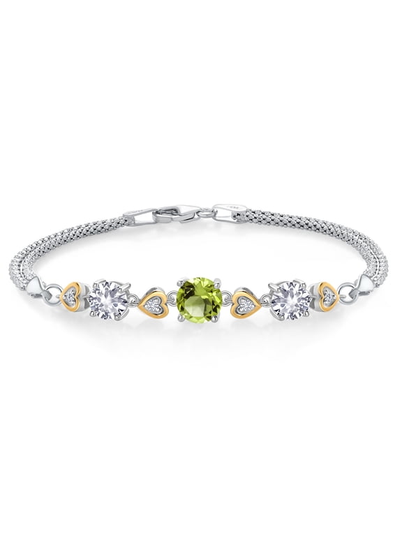 925 Sterling Silver and 10k Yellow Gold Green Peridot White Created Sapphire and White Lab Grown Diamond Bracelet for Women (3.53 Cttw, Round 7MM and 6MM, 6.5/7/7.5 inch, Made in Italy)