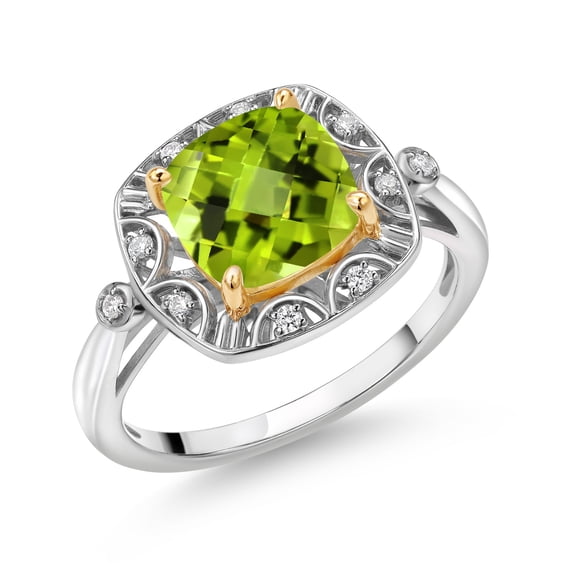 Gem Stone King 925 Sterling Silver and 10k Yellow Gold Green Peridot and White Lab Grown Diamond Engagement Ring for Women (2.57 Cttw, Cushion Checkerboard Cut 8MM, Size 6)