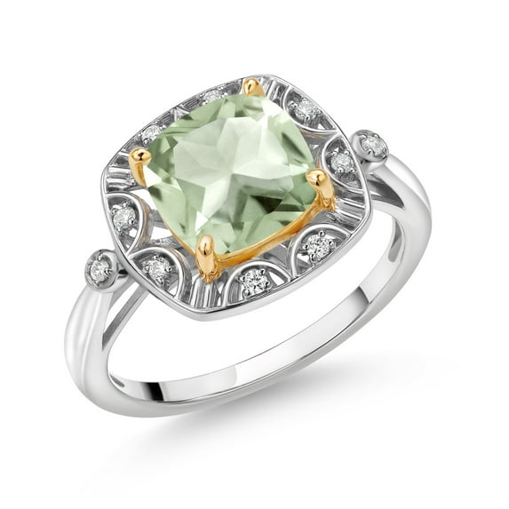 Gem Stone King 925 Sterling Silver and 10k Yellow Gold Green Prasiolite and White Lab Grown Diamond Engagement Ring for Women (2.12 Cttw, Cushion Cut 8MM, Size 5)