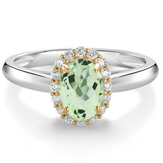 Gem Stone King 925 Sterling Silver and 10k Yellow Gold Green Prasiolite and White Lab Grown Diamond Halo Engagement Ring for Women (0.88 Cttw, Gemstone, Oval 7X5MM, Size 7)