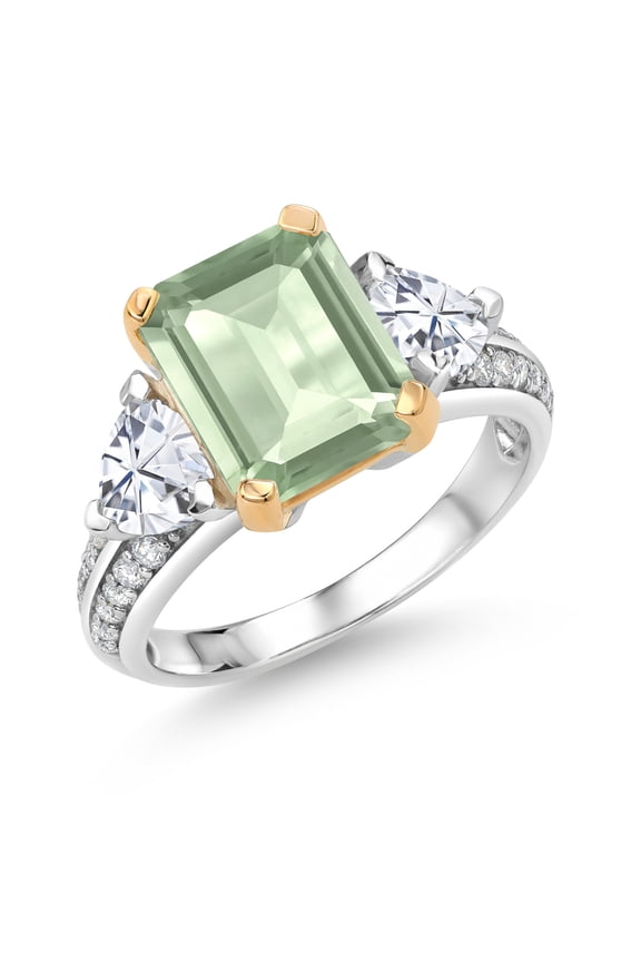 925 Sterling Silver and 10k Yellow Gold Green Prasiolite and White Moissanite 3 Stone Engagement Ring for Women (4.03 Cttw, Octagon Cut 10X8MM, Size 8)