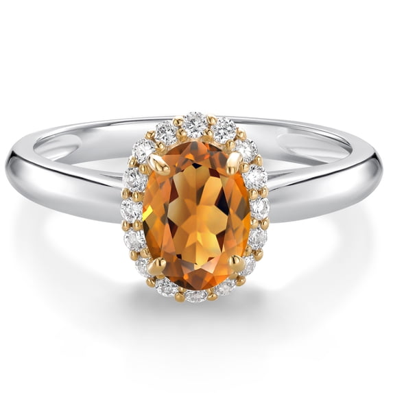 Gem Stone King 925 Sterling Silver and 10k Yellow Gold Orange Red Madeira Citrine and White Lab Grown Diamond Halo Engagement Ring for Women (0.83 Cttw, Gemstone, Oval 7X5MM, Size 9)